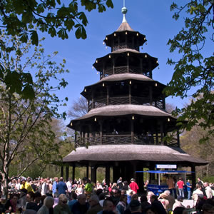 The beer garden under the Chinesischer Turm pagoda in Munich's Englisher Garten park