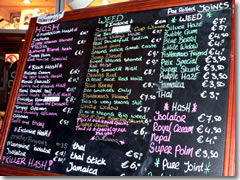 A menu of hash, joints, and marijuana at a smoking cafe in Amsterdam