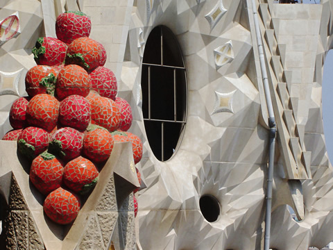 Fluid lines and colorful details on one of the spires of Sagrada Familia Basilica, Barcelona