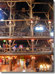 The forest-like lobby of the Old Faithful Inn in Yellowstone National Park.