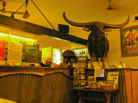 A star of the film Crocodile Dundeee remains at the bar in the pub of the Adelaide River Inn, Australia