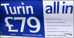 A British Airways poster in a London Tube train tries to convince travelers to fly at it's lowered fares rather than a low-cost carrier