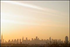 The New York City skyline at sunset