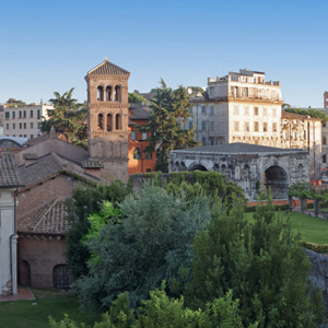 The palm-shaded garden of the Kolbe Hotel in Rome