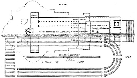 The footprints of the current, Renaissance St. Peter's, its medieval predecessor, and the ancient Stadium of Nero.