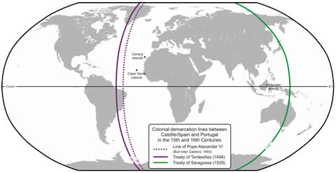 Map showing the Treaty of Tordesillas line